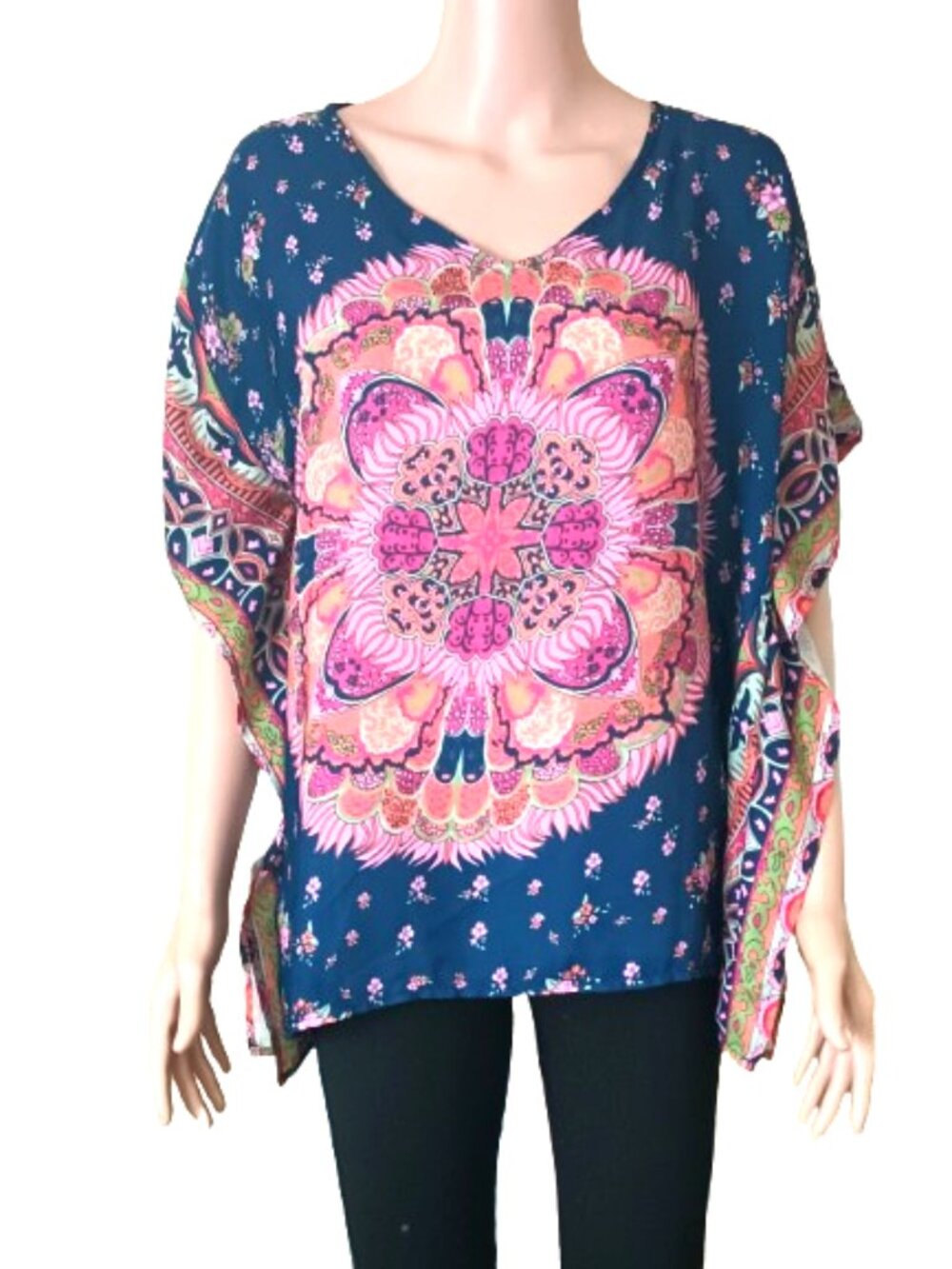 Floral Poncho Handkerchief Top S Women's Layered Blue & Pink Silky Blouse